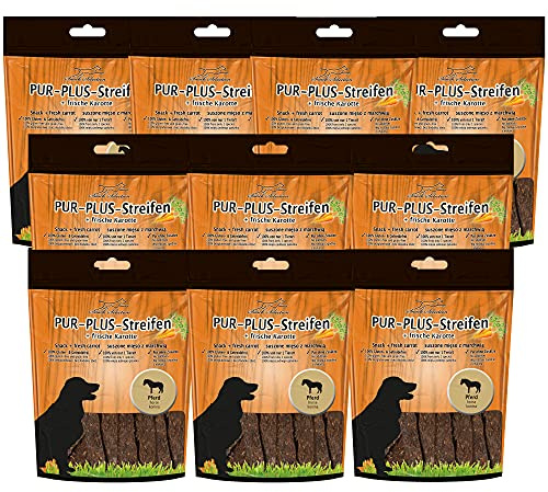 10 x 100g Schecker Hundeleckerli - PUR Plus Streifen Pferd + Karotte - getreidefrei - mit frischer Karotte