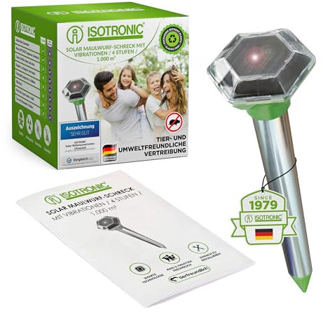 ISOTRONIC Maulwurf Vertreiber solarbetrieben | Ultraschall Schädlingsbekämpfung gegen Wühlmäuse & Schlangen, 1.000 m² (1 Stück)