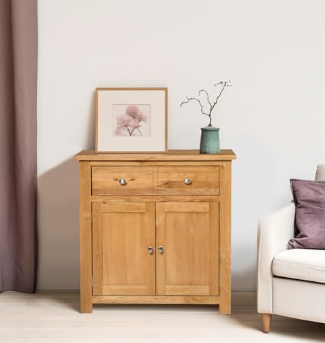 Hallowood Furniture Waverly Oak Sideboard Small Cabinet with 1 Large Drawer | Solid Wooden Small Sideboard with Large Drawer, Cupboard and Adjustable Internal Shelf, Living Room Cabinets, Oak Furniture