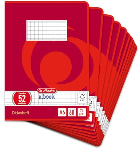 Herlitz 285635 – Cuaderno tamaño octavilla (A6, 60 hojas, FSC Mix, 10 unidades), color rojo