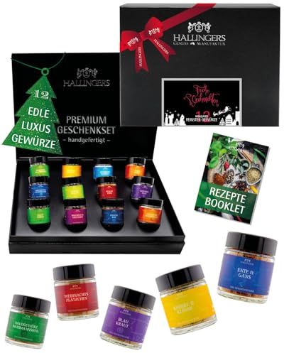 Hallingers Genuss Manufaktur Gewürz Weihnachts-Geschenk-Set - 12 Gewürze aus aller Welt in wertiger Geschenkbox mit Rezept-Booklet Frohe Weihnachten, Weihnachten für Frauen Männer