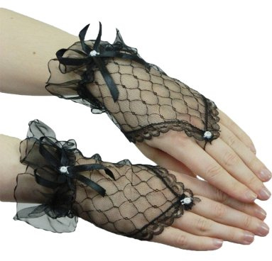 Yummy Bee - Fingerlose Handschuhe Kurz - Spitzenhandschuhe Schwarz Gothic Brautweiß Rot - Halloween Kostüm Damen (Schwarz)