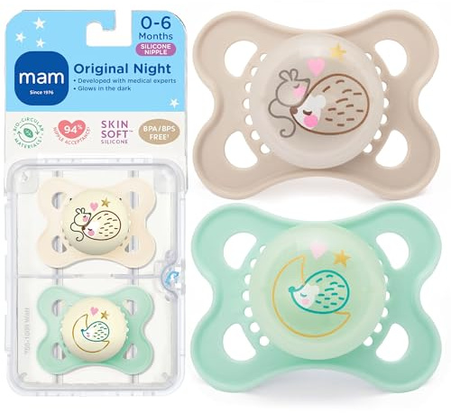 MAM Night Glow in the Dark Silicone Pacifier, Green/White, 0-6 Months, 2-Count