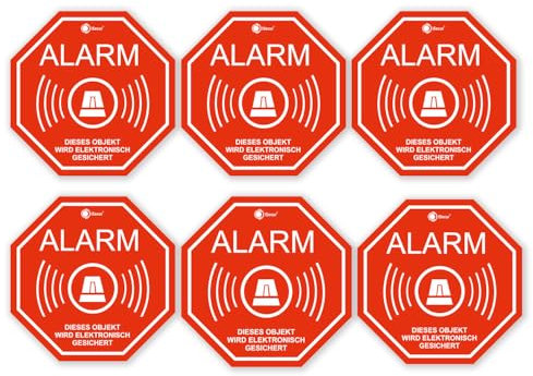 Set de 6 autocollants d’alarme I 5 x 5 cm I Attention bâtiment, objet protégé par alarme électronique I pour fenêtres, portes I adhésif intérieur, résistant aux intempéries I hin166