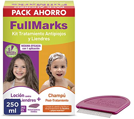 FullMarks Kit Tratamiento Antipiojos para Niños, Elimina los Piojos, Contiene Loción 100 ml, Champú Post-Tratamiento 150 ml y Lendrera Metálica