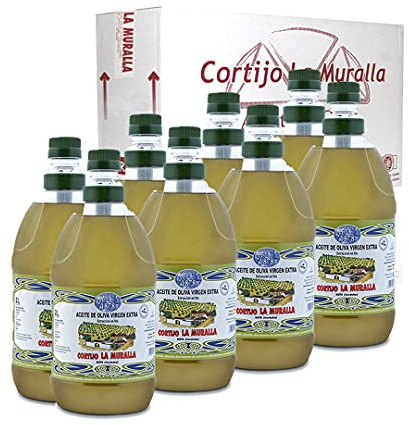 Aceite de Oliva Virgen Extra Cortijo la Muralla - Variedad Arbequina - Recolección temprana - Extracción en frío - Frutado y aromático - Rute, Córdoba - (arbequina, Caja 8 Garrafas de 2 Litros)