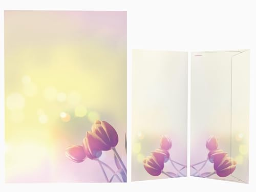 Motivpapier-Set | Tulpen im Sonnenlicht | 20 Blatt Briefpapier DIN A4 | 20 Kuverts DIN Lang | Schreib-Set | Briefpapier-Set