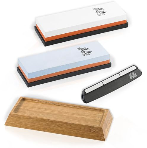 TokioKitchenWare Günstiger Schleifstein: Wasser-Schleifstein-Set, 2 Doppel-Wassersteine, Winkelhilfe & Halter (mit Körnung, Japanische Messer Schleifen)