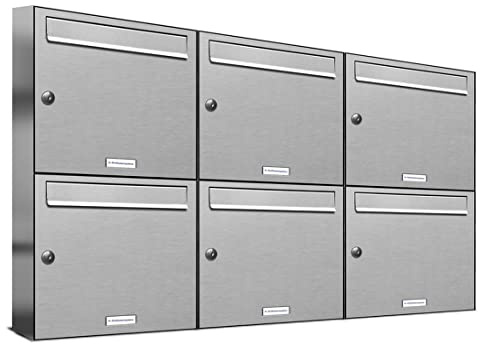 AL Briefkastensysteme 6er Briefkastenanlage, V2A Edelstahl, Premium Briefkasten DIN A4, 6 Fach Postkasten modern Aufputz
