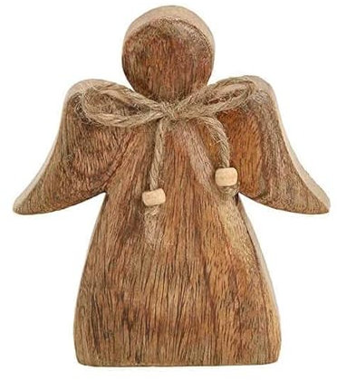 TEMPELWELT Deko Figur Engel Schutzengel stehend 13x15 cm, Mango Holz massiv braun, Engelchen Engelfigur Holzengel mit Schleife