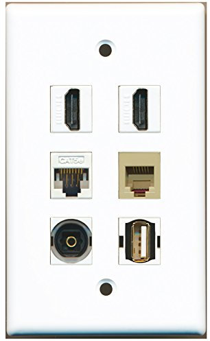 RiteAV - 2 HDMI, 1 Port USB A-A, 1 Port Telefon RJ11 RJ12 Beige 1 Port Toslink 1 Port Cat5e Ethernet weiße Wandplatte.