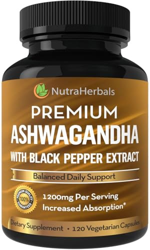 NUTRAHERBALS Ashwagandha Supplement Made with Premium Ashwaganda Root Powder 1200mg with Black Pepper Extract for Increased Absorption - 120 Capsules