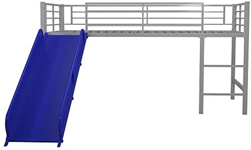 DHP Junior Twin Metal Loft Bed with Slide, Multifunctional Design, Silver with Blue Slide