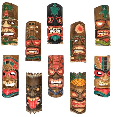 Zeckos Set of 10 Hand-Carved Tiki Masks - 12-Inch Polynesian Wooden Wall Decor, Artisan-Crafted by Indonesian Masters, Vibrant Island Colors, Versatile Hanging Options, Unique Artistry