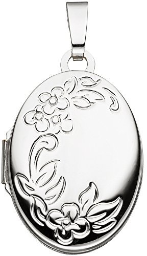 Schmuck Krone Medaillon für 2 Fotos Anhänger zum Ã–ffnen Muster Blumen oval 585 WeiÃŸgold