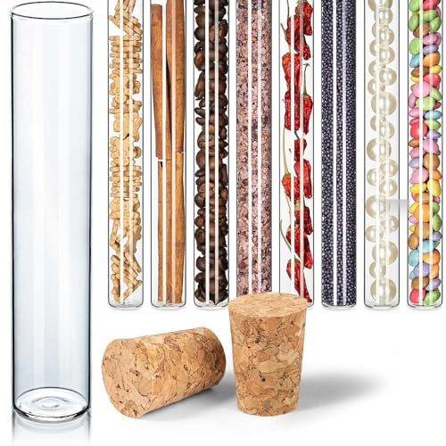 Tuuters Glas Reagenzglas mit Korken 25 Stück (100 x Ø 20 mm) flacher Boden | In 3 Größen: Glasröhrchen mit Verschluss in dunkelbraun, 2cm Durchmesser, Gläser, Laborröhrchen, Tischdeko für Gastgeschenke