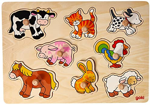 goki 57873 Steckpuzzle Bauernhof VII, 30 x 21 cm – Holzpuzzle mit 8 bunten Bauernhoftieren und großen Greifknöpfen