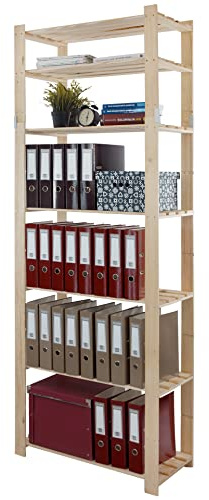 MODO24 Holzregal, 7 Regalböden, Eckregal, Standregal, Kellerregal, Lagerregal, Bücherregal, Wandregal, Büroregal, für Wohnzimmer, Küche, Keller, Garage, Abmessungen 220x80x38 cm, Farbe: Naturholz