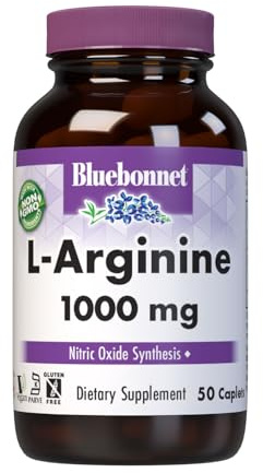 Bluebonnet Nutrition L-Arginine 1000mg, Free-Form Amino Acid, Nitric Oxide Precursor, Gluten-Free, Non-GMO, Kosher Certified, Vegan, 50 Caplets, 50 Servings