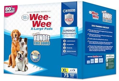 Four Paws Wee-Wee Lot de 75 Tapis hygiéniques de Performance supérieure pour Chiens avec barrière de Protection Contre Les écoulements, Tapis d'apprentissage de la propreté pour Chiots et Chiens