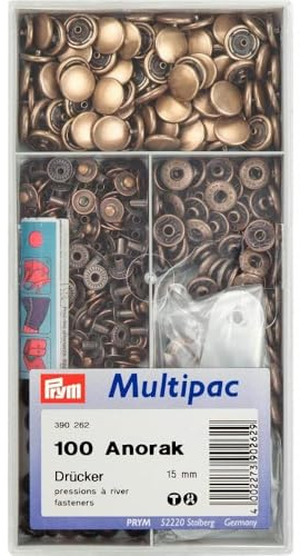 Prym 390262 Nähfrei-Druckknopf Anorak, 15mm, altmessing, 100 Stück mit Werkzeug