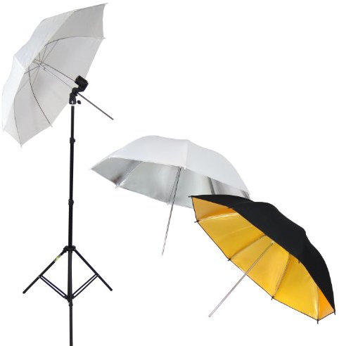 DynaSun W969 Kit d'éclairage Professionnel Studio Photo Vidéo avec Trépied, Douille, 3x Parapluie Blanc + Argent + Or Noire et Sac