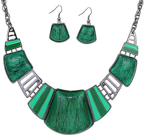 Yazilind Vendimiae Collana e orecchini etnici tibetani frammentati, Rosso Turchese. e placcato argento, colore: Verde, cod. 1075N0150