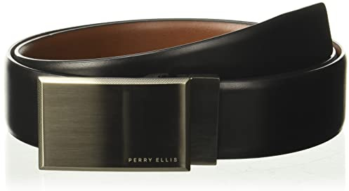 Perry Ellis Men's Portfolio Patterned Plaque 100% Leather Reversible Belt , Blk20, 34