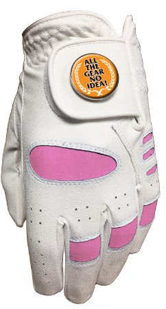 JUNIOR GIRLS PINK GOLF GLOVE. SIZE SMALL. ALL THE GEAR, NO IDEA GOLF BALL MARKER.