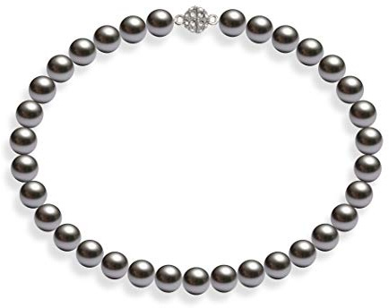 Schmuckwilli Perlenkette für Damen Magnetverschluß - mit dunkel grauen runden Perlen - Elegante Kette mit Muschelkernperlen für jeden Anlass -die Halskette - Choker Pearl Necklace für Frauen