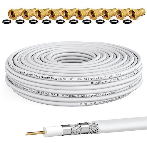 HB-DIGITAL 50m SAT Koaxial Kabel 135dB 8K 4K UHD 4-Fach geschirmt für DVB-S / S2 DVB-C / C2 DVB-T / T2 DAB+ Radio + inkl. 10x vergoldete F-Stecker BK Anlagen - Stahl/Kupfer Innenleiter - Weiss
