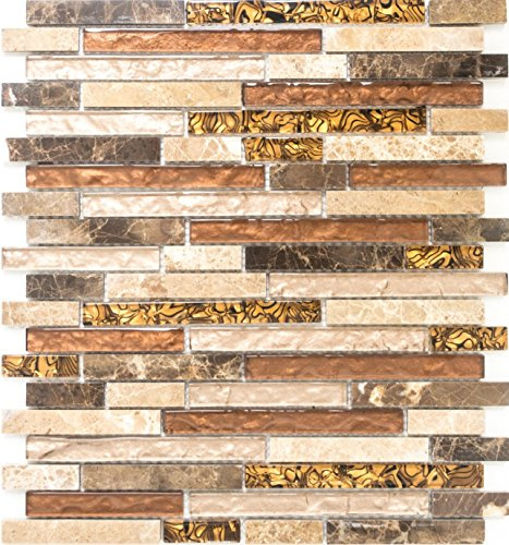 Glasmosaik Verbund Crystal/Marmor mix beige/braun Naturstein Fliesenspiegel, Mosaikstein Format: 15x48/98/148x8 mm, Mattengröße: 298x338 mm, 10 Matten