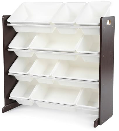 Humble Crew Wooden Toy Storage Organiser for Children & Toddlers, with 12 BPA Free Plastic Removable Storage Bins, Ideal for Storing Toys, Games, Books and Craft Supplies - Espresso/White