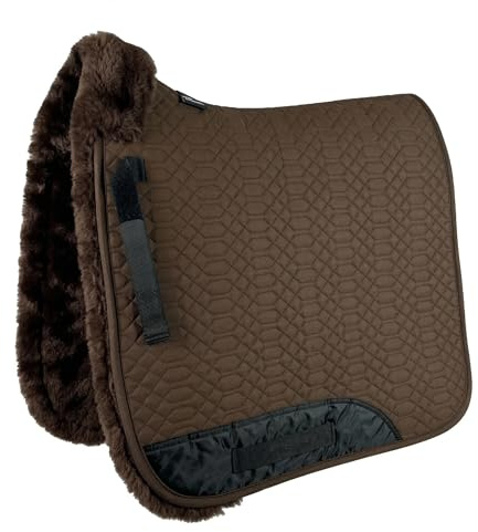 Engel Reitsport SCHABRA2-D-MOC-MOC Lammfell Dressur Schabracke | fully lined, Fellkranz vorne, robuster Baumwoll Steppstoff, Dressur, Stoff moccabraun Fell mocca