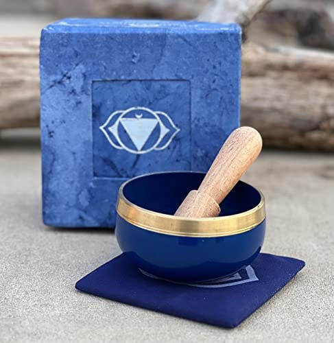 Tibetische Chakra Klangschale mit Klöppel und Kissen blau