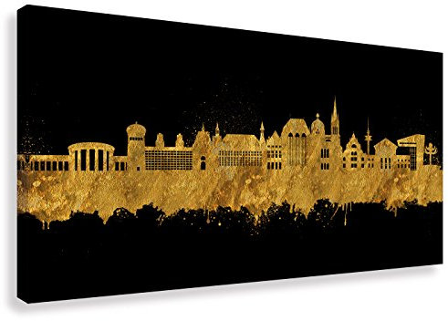 Kunstbruder Wandbild - Aachen Skyline Gold (div. Größen) - Kunst Druck auf Leinwand Street Art like Banksy Panorama Arbeitszimmerbild 100x200cm