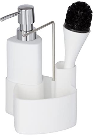 WENKO Set lavavajillas Empire, 4 en 1 - dispensador, cepillo, soporte para paños de cocina y organizador, cerámica de calidad con superficie suave al tacto, 250 ml, 11 x 19 x 12,5 cm, blanco