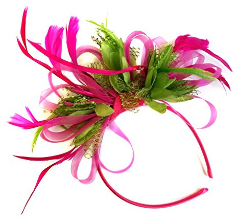 Caprilite Fashion Fascinator für Damen mit Feder, Fuchsia und Grün, für Hochzeit und Royal Ascot Races