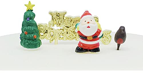 Anniversary House 4pcs Merry Little Christmas Cake Decorating Kit - Santa, Tree, Robin & Motto Design - Traditional Non-Edible Reusable Plastic Cake Toppers for Yule Logs, Festive Cakes & Bakes