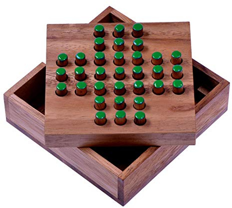 Solitär Gr. S - Solitaire - Steckspiel - Denkspiel - Knobelspiel - Geduldspiel - Logikspiel aus Holz - grüne Stecker
