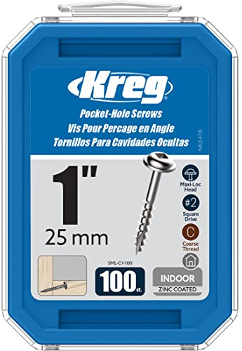 Kreg Zinc Pocket-Hole Screws - SML-C1-100 - 1 Inch - Coarse Thread - Maxi-Loc Head - Indoor - 100 Count