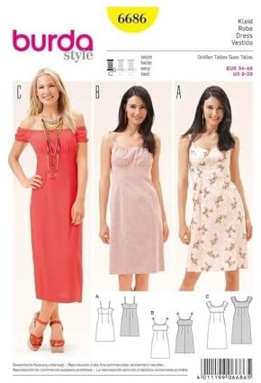 burda Schnittmuster Damen Kleid und Trägerkleid und Carmenkleid und Empirenaht 6686 Gr. 34-46