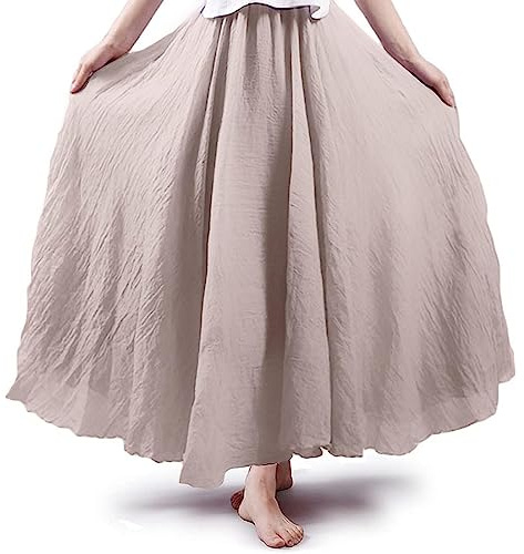ASHER FASHION Women's Bohemian Style Elastic Waist Band Cotton Linen Long Maxi Skirt Dress (95CM, Beige)