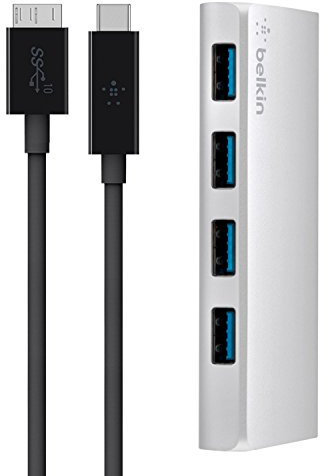 Belkin 4-Port USB 3.0 Hub USB-C auf USB-A (inkl. USB-C/3.1-Micro-B-Kabel, geeignet für MacBooks und Notebooks mit USB-C Anschluss), silber