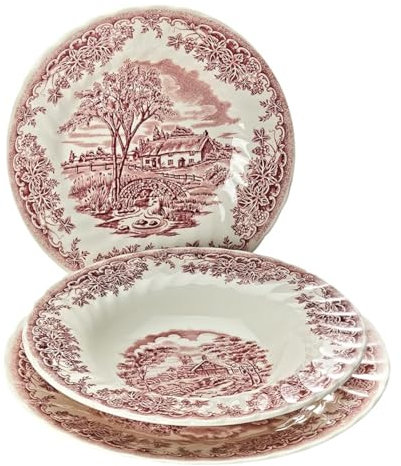 James Sadler&Sons, servizio tavola,18 Pezzi, Earthware, Decoro Brookpink, Arredo Tavola, Bianco/Rosso