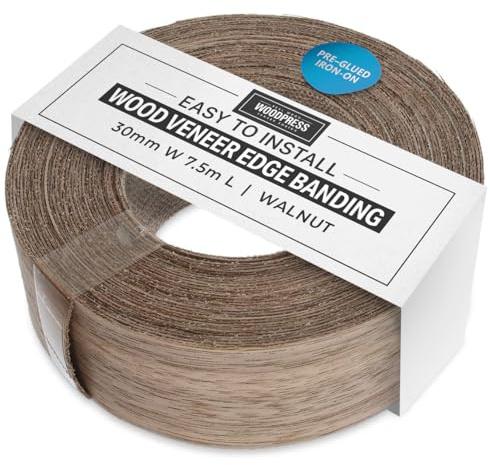 WoodPress® 30mm Real Walnut Iron-On Edging – 7.5m Roll – Pre-Glued Wood Veneer Tape for Easy DIY Application – Will Cover the Edge of a Standard MDF Panel