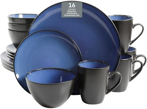 Gibson Elite Soho Lounge Round Reactive Glaze Stoneware Dinnerware Set, Service for 4 (16pc), Blue, Soho Round.