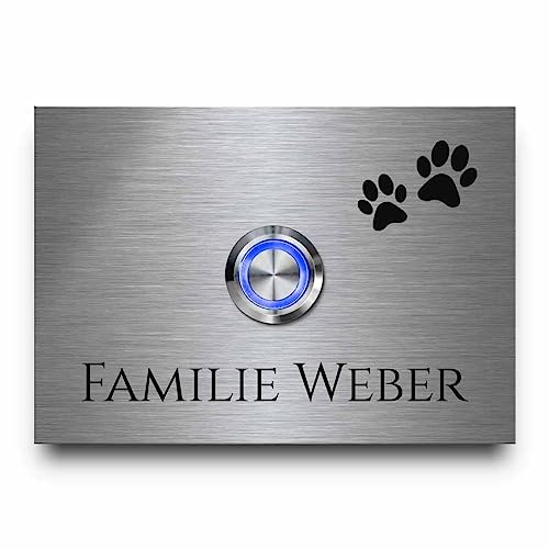 CHRISCK design - Edelstahl Klingel mit Gravur und eigenem Namen - Türklingel Modell Weber 10x7 cm | Moderner farbig leuchtender LED Klingeltaster | Klingelschild Edelstahl mit Motiven