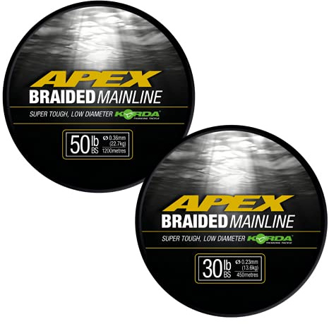 Korda Apex Geflochtene Angelschnur aus Dyneema, extrem Abriebfest für Karpfenangeln, dünner Durchmesser für Weite Würfe, 0,23mm, 30lb - 450m, Oliv