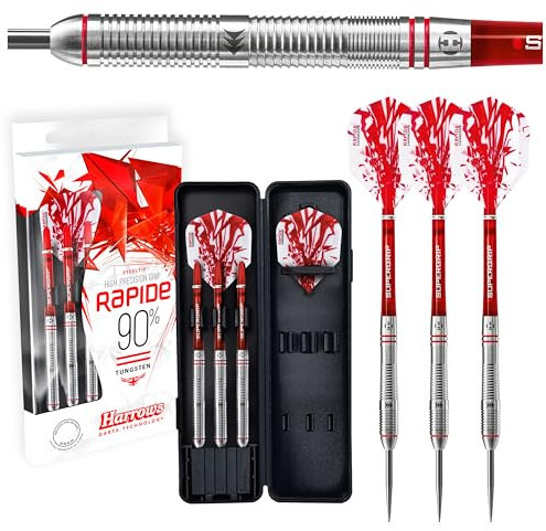 Harrows Rapide 90% Tungsten Darts | Steeldarts-Set mit Tragetasche | 22g, 23g, 24g & 25g | Enthält Supergrip-Schäfte und 100-Mikron-Rapide-Flights
